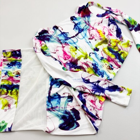 ASOS Low Back Wiggle Midi Dress US 10 NWT Abstract Watercolor Print Mesh Panel - Picture 2 of 11